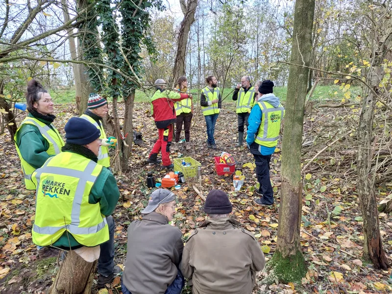 Vrijwilligers aan het werk in het bos